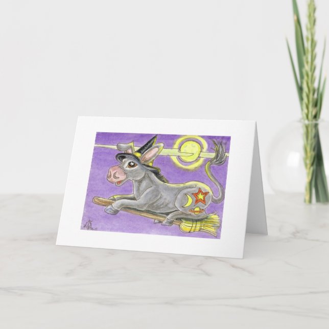 Halloween Donkey Witch and Flying Broom Card (Front)