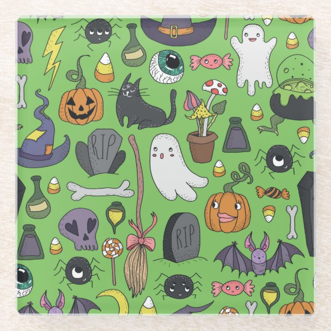 Halloween Doodle: Cute Seamless Concept Glass Coaster (Front)
