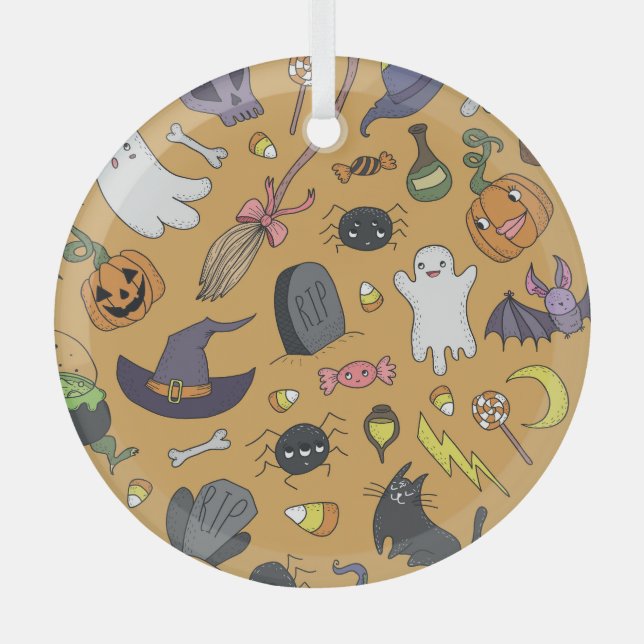 Halloween Doodle Objects Seamless Pattern Glass Ornament (Front)