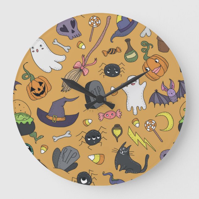 Halloween Doodle Objects Seamless Pattern Large Clock (Front)