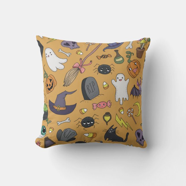 Halloween Doodle Objects Seamless Pattern Throw Pillow (Front)