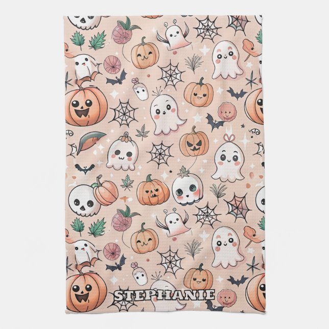 Halloween Doodle Pattern with Ghosts & Pumpkins 2 Kitchen Towel (Vertical)