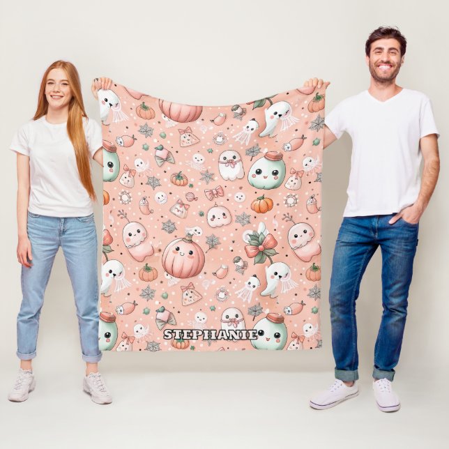 Halloween Doodle Pattern with Ghosts & Pumpkins Fleece Blanket (In Situ)