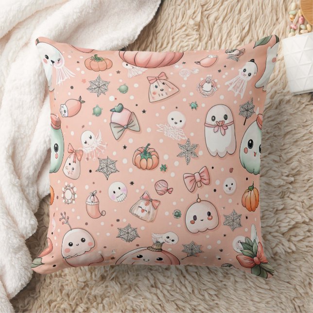 Halloween Doodle Pattern with Ghosts & Pumpkins Throw Pillow (Blanket)