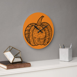 Halloween doodles boho mandala pumpkins Autumn Large Clock
