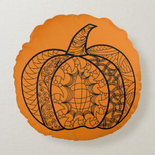 Halloween doodles boho zentangles pumpkins Autumn Round Pillow