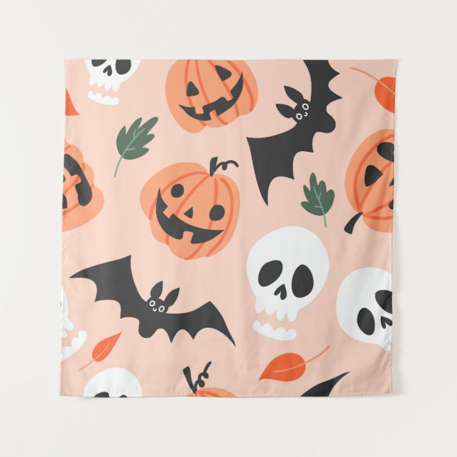 Halloween doodles, pumpkins, bats pattern. tapestry (Front)