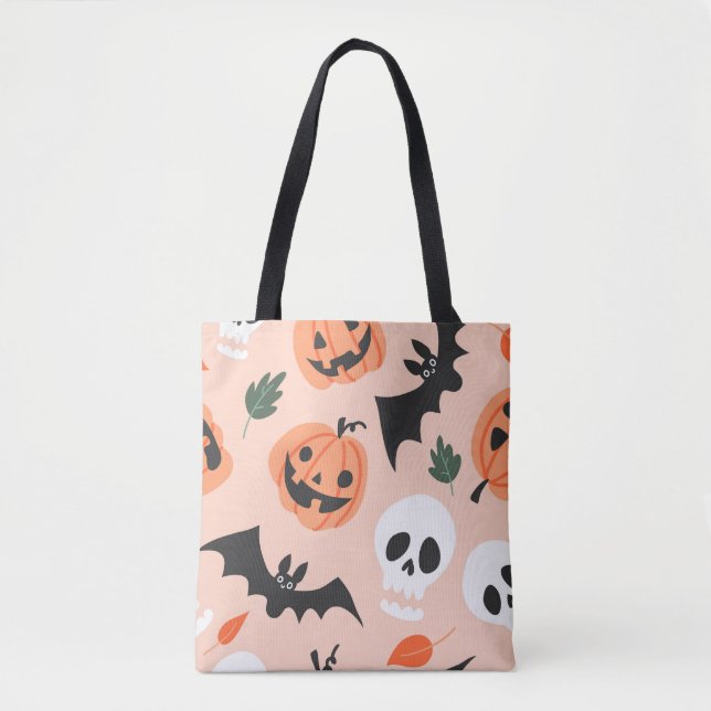 Halloween doodles, pumpkins, bats pattern. tote bag (Front)