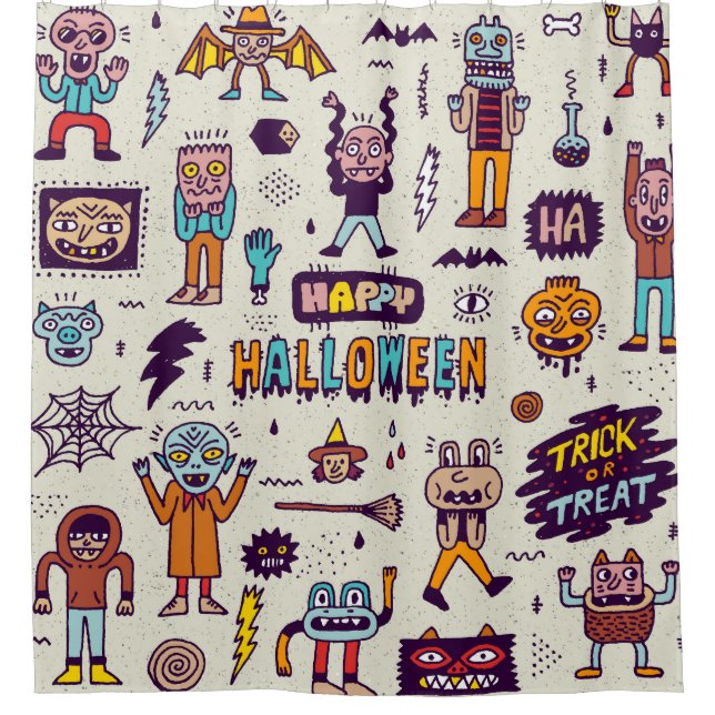 Halloween doodles, wacky cartoon seamless set. (Front)