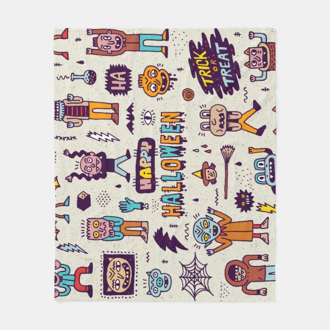 Halloween doodles, wacky cartoon seamless set. fleece blanket (Front)
