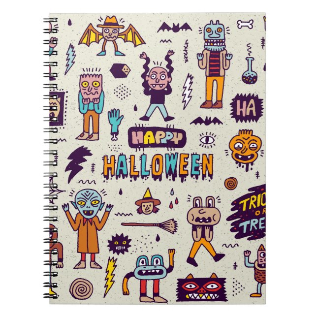 Halloween doodles, wacky cartoon seamless set. notebook (Front)