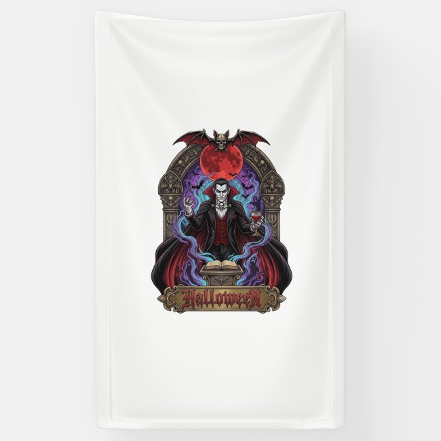 Halloween Dracula Red Moon Bats Skull_1 Banner (Vertical)