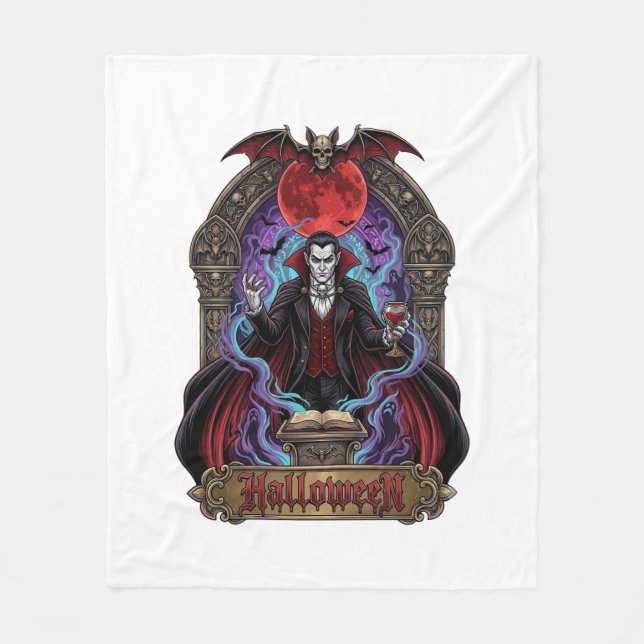 Halloween Dracula Red Moon Bats Skull_1 Fleece Blanket (Front)