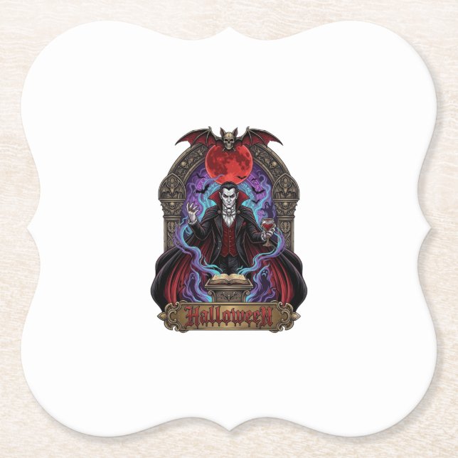 Halloween Dracula Red Moon Bats Skull_1 Paper Coaster (Front)