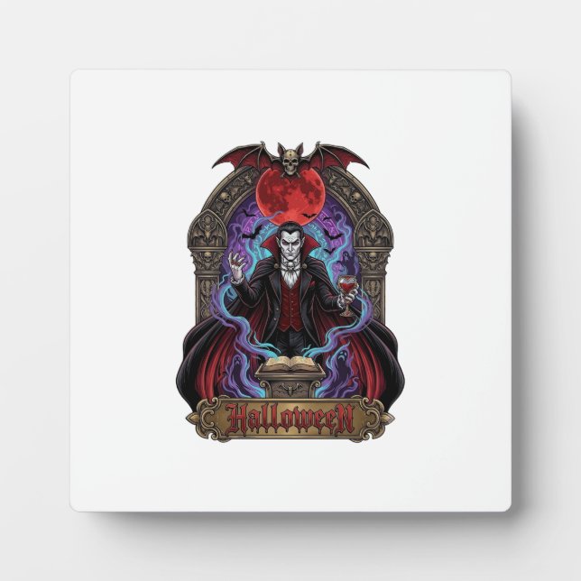 Halloween Dracula Red Moon Bats Skull_1 Plaque (Front)