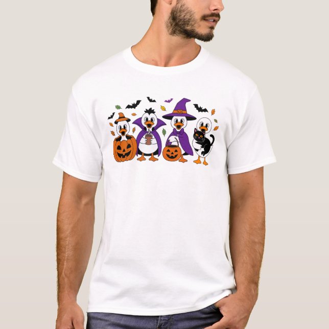 Halloween Duck Witch Hat, Pumpkin, Cocoa And Cat T-Shirt (Front)
