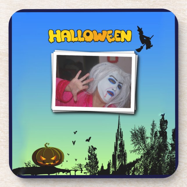 Halloween Dusk with Witch Add Photo Frame Coaster (Front)