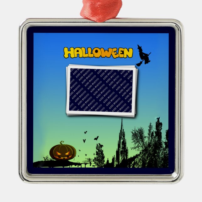Halloween Dusk with Witch Add Photo Frame Metal Ornament (Front)
