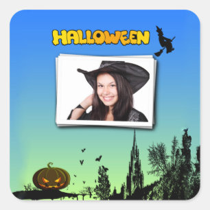 Halloween Dusk with Witch Add Photo Frame Square Sticker