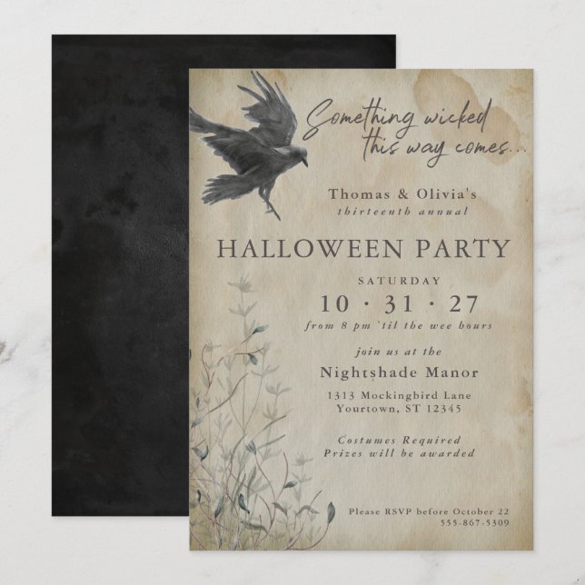 Halloween | Eerie Gothic Watercolor Raven Invitation (Front/Back)