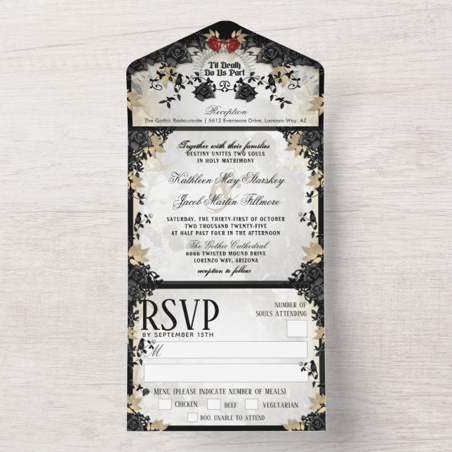 Halloween Elegant Black Rose - Together With  MENU All In One Invitation (Inside)