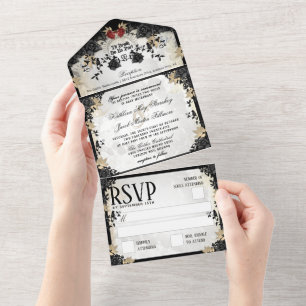 Halloween Elegant Black Rose Wedding Skeletons All In One Invitation