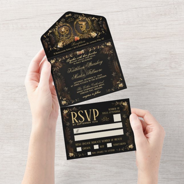 Halloween Elegant Golden Skeletons - MENU RSVP All All In One Invitation (Tearaway)