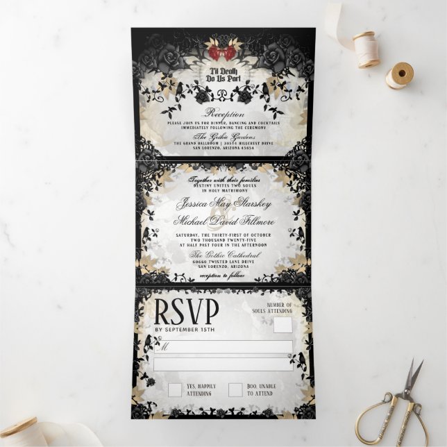 Halloween Elegant Rose "Together With" NON-MENU Tri-Fold Invitation (Inside)