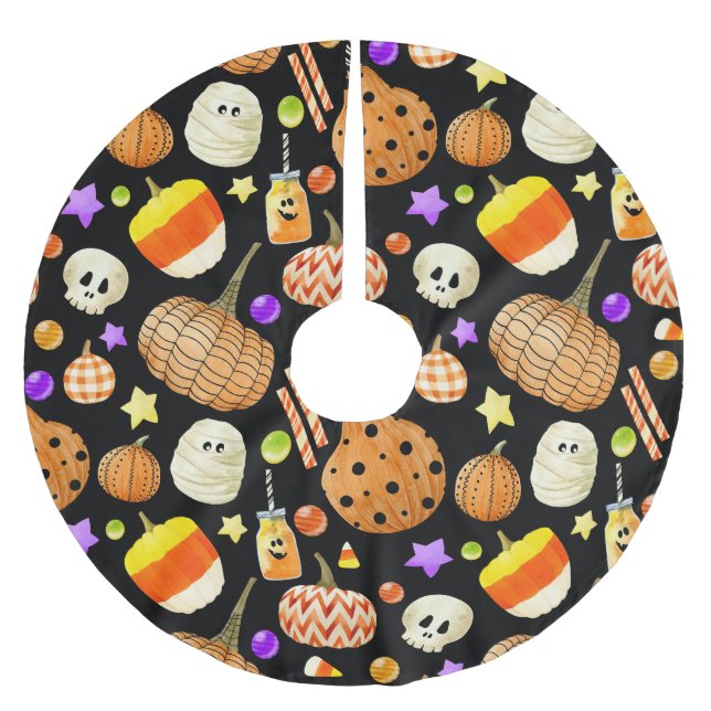 Halloween elements: pumpkins, skull, mummy pattern brushed polyester tree skirt (Front)