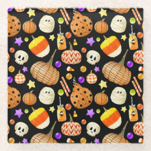 Halloween elements: pumpkins, skull, mummy pattern glass coaster
