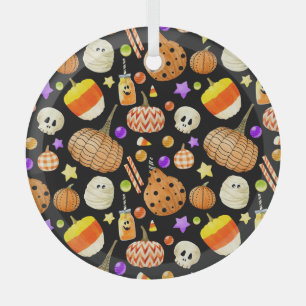 Halloween elements: pumpkins, skull, mummy pattern glass ornament
