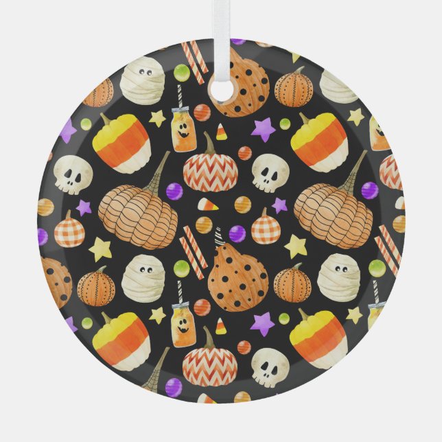 Halloween elements: pumpkins, skull, mummy pattern glass ornament (Front)