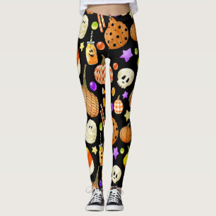 Halloween elements: pumpkins, skull, mummy pattern leggings