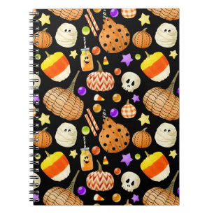 Halloween elements: pumpkins, skull, mummy pattern notebook