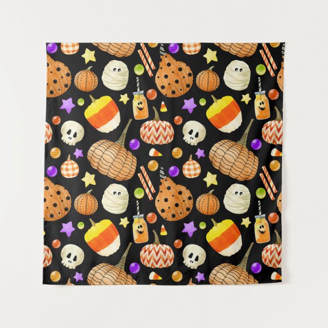 Halloween elements: pumpkins, skull, mummy pattern tapestry (Front)
