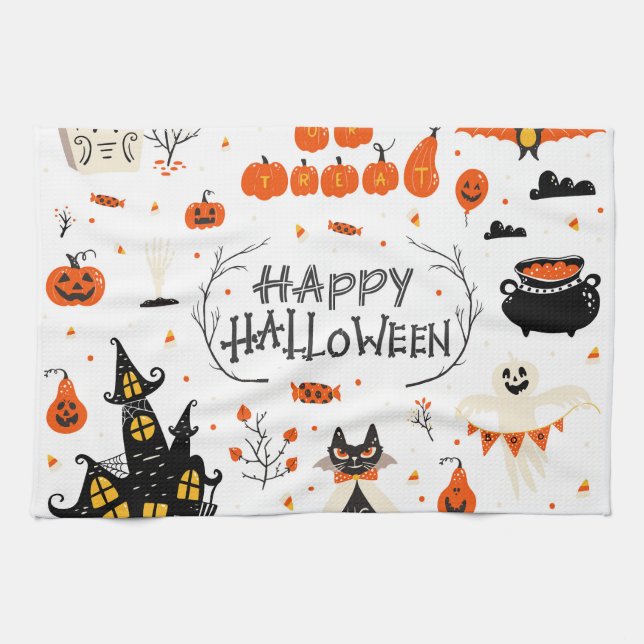 Halloween Elements Vintage Set Design Kitchen Towel (Horizontal)
