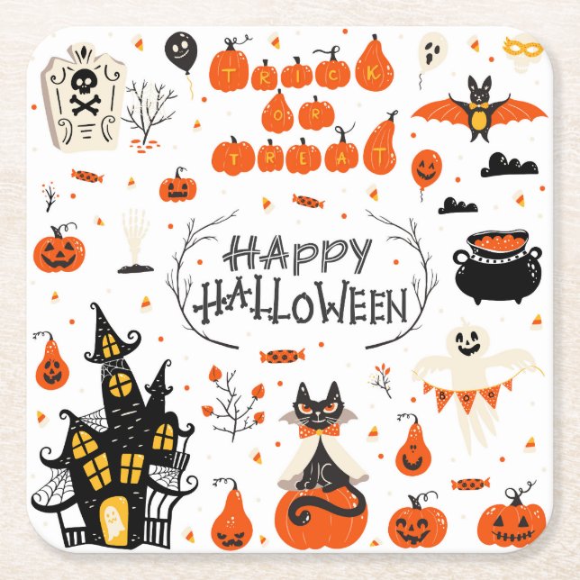 Halloween Elements Vintage Set Design Square Paper Coaster (Front)