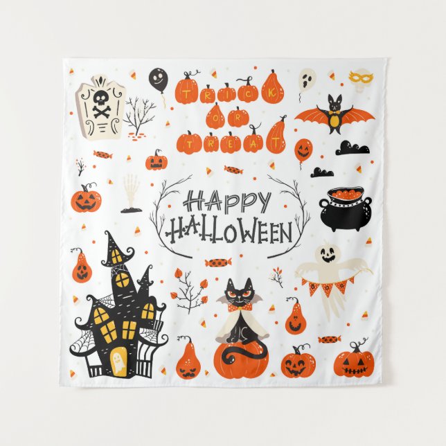 Halloween Elements Vintage Set Design Tapestry (Front)
