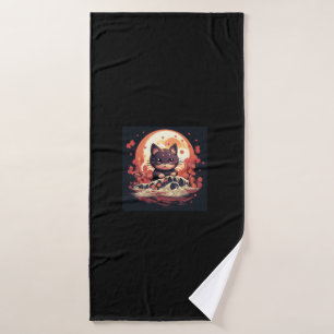 Halloween Enchantment_ Black Cat, Pumpkins, Wave Bath Towel