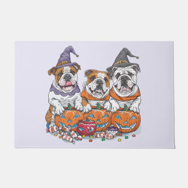 Halloween English Bulldogs Pumpkin Doormat (Front)