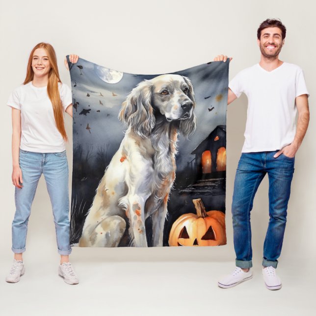 Halloween English Setter With Pumpkins Scary Fleece Blanket (In Situ)