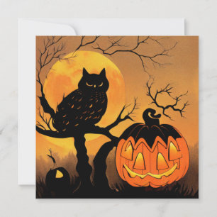 Halloween. Eule im Baum mit Kürbis. Mond. Card