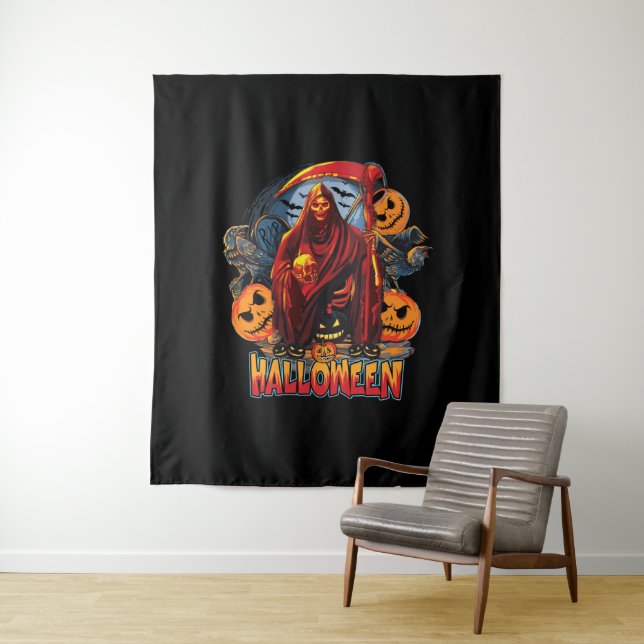 Halloween Evil skeleton, Pumpkin Tapestry (In Situ)