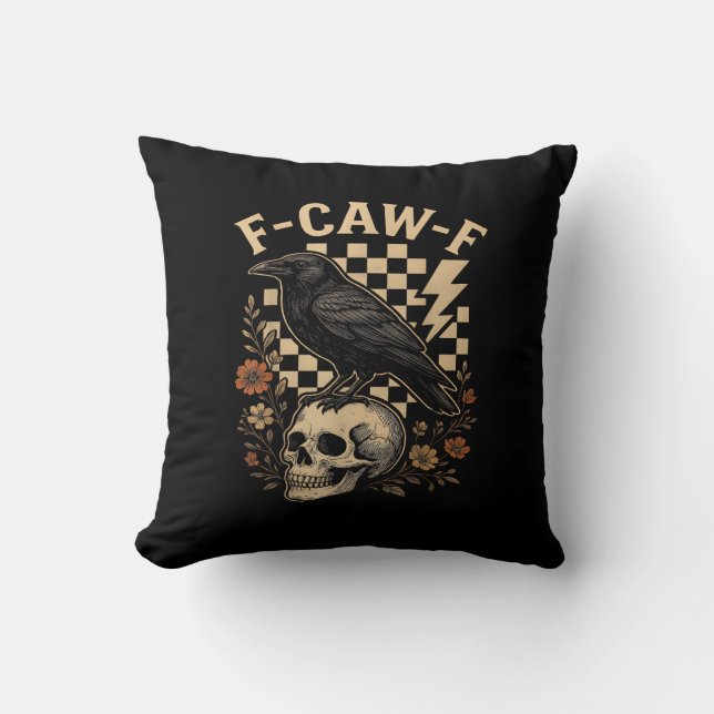 Halloween F-Caw-F Raven Bird F-Caw-F Crow Checkere Throw Pillow (Front)