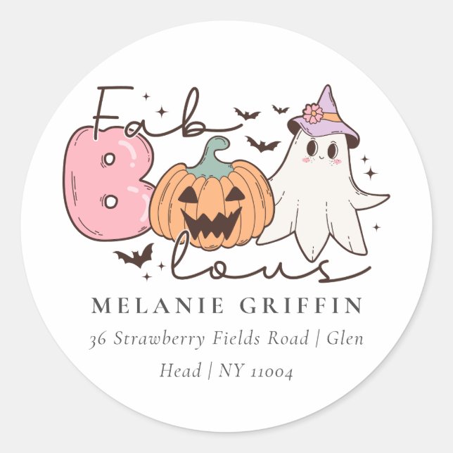 Halloween Fab-Boo-lous! Retro Ghosts Design Addres Classic Round Sticker (Front)