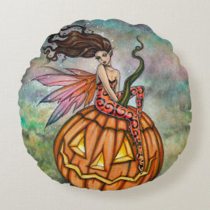 Halloween Fairy and Jack-o-Lantern Art Round Pillow
