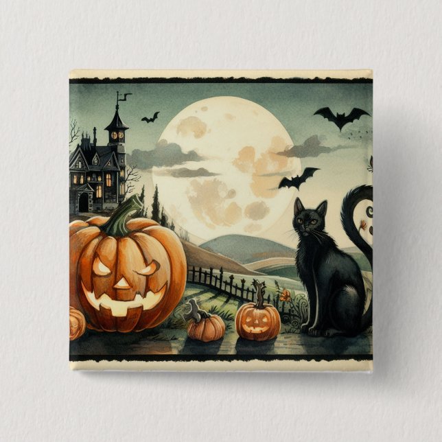 Halloween/Fall/Autumn/pumpkin/cat 2 Inch Square Button (Front)