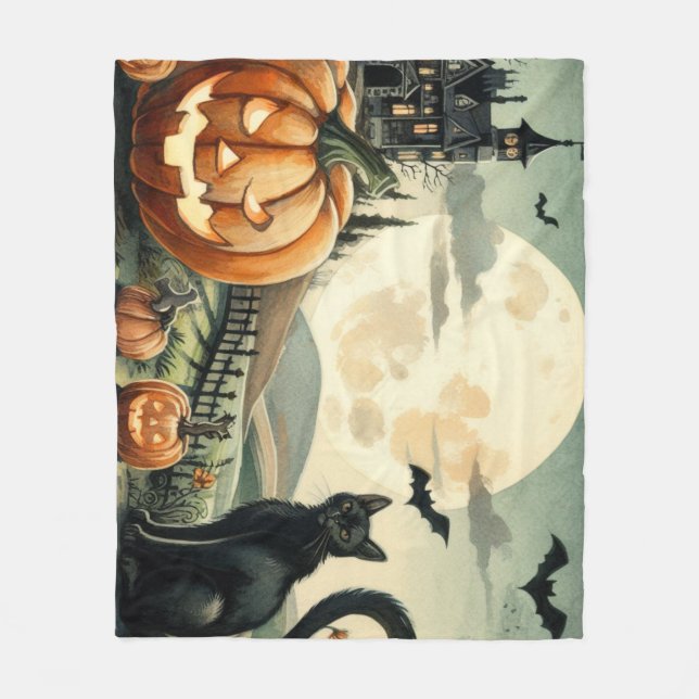 Halloween/Fall/Autumn/pumpkin/cat Fleece Blanket (Front)