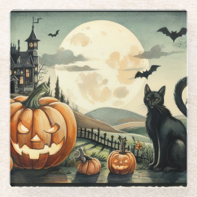 Halloween/Fall/Autumn/pumpkin/cat Glass Coaster (Front)