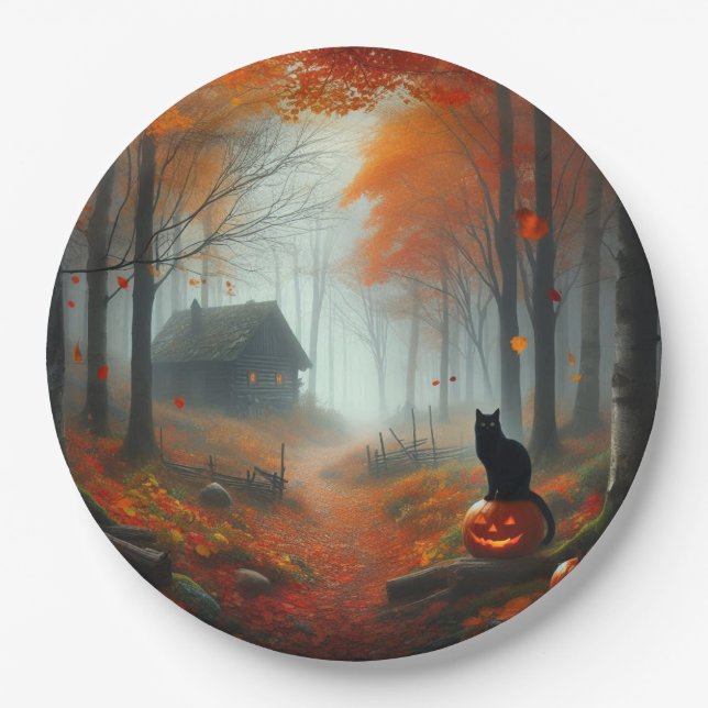 Halloween/Fall/Autumn/pumpkin/cat  Paper Plate (Front)